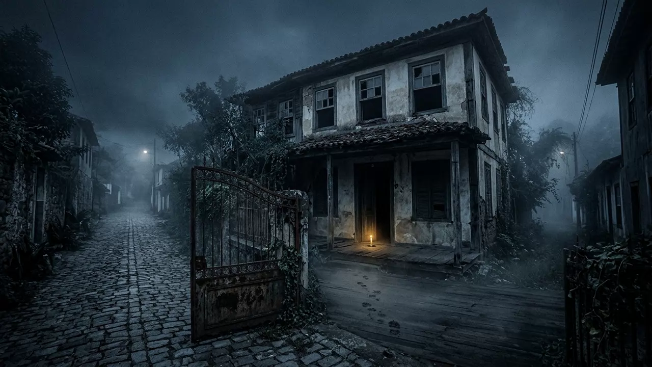 Casa colonial abandonada al final de una calle empedrada a las tres de la mañana con la reja entreabierta y niebla